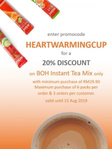 BOH Instant Tea promocode HeartWarmingCup 20% discount valid until 15 Aug 2019
