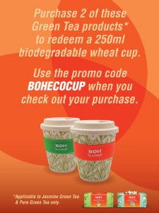 Purchase any 2 of BOH Jasmine and Pure Green Tea to redeem a biodegradable wheat mug.